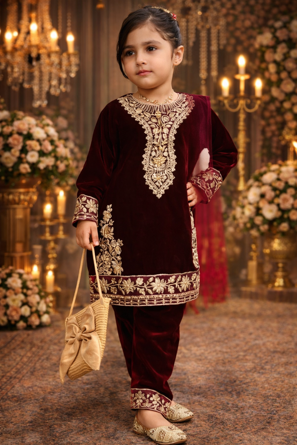 Deep Maroon Viscose Velvet Zari Embroidery Work Party Wear Readymade Kids Suit | UV Royal Silks