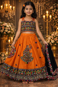 UV Royal Silks Orange Art Silk Kutchi Work Navratri Wear Readymade Kids Lehenga Choli