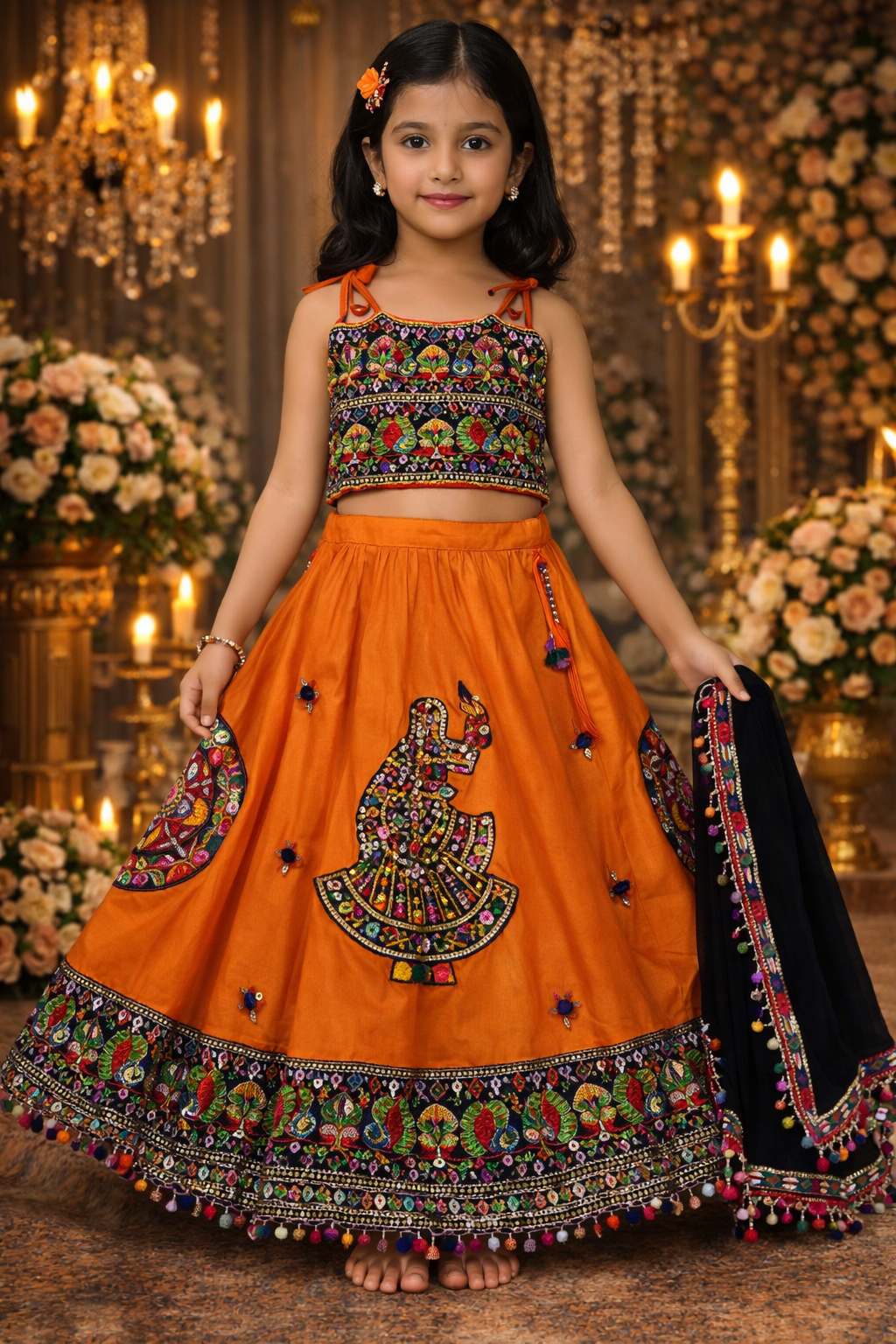 UV Royal Silks Orange Art Silk Kutchi Work Navratri Wear Readymade Kids Lehenga Choli