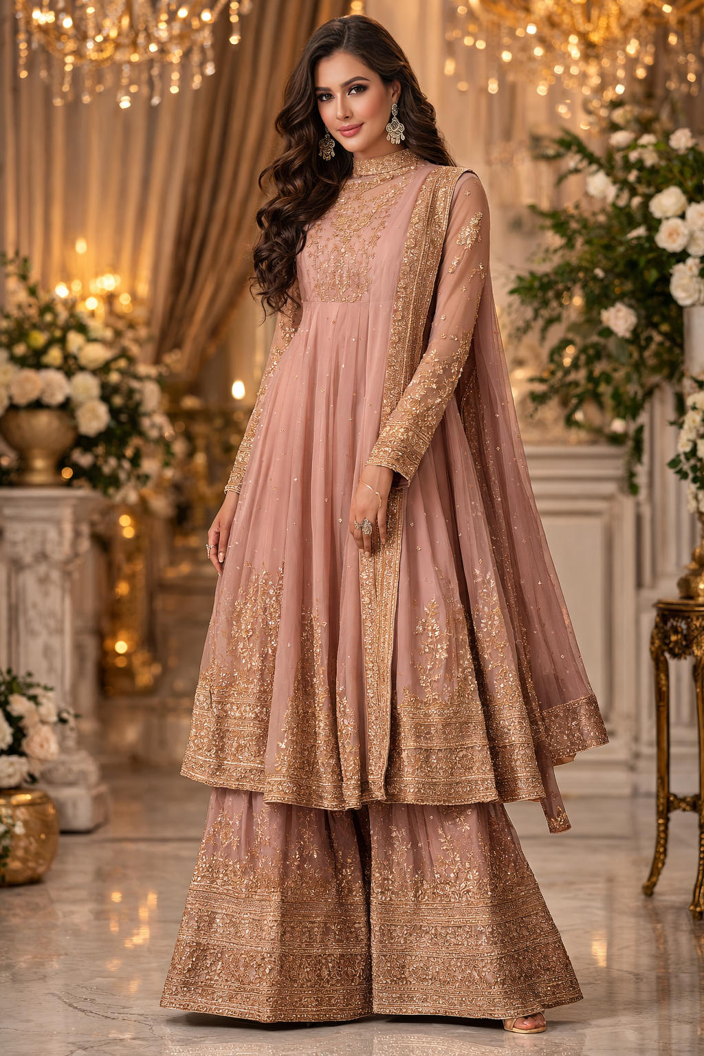 UV Royal Silks Dusty Rose Georgette Sequins Work Wedding Wear Readymade Palazzo Suit