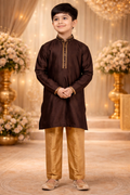 Traditional Wear Coffee Weaving Polyester Cotton Kids Kurta Pajama | UV Royal Silks