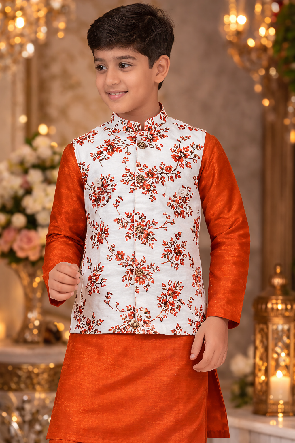 Orange Cotton Digital Printed Wedding Wear Readymade Boys Waist Coat | UV Royal Silks