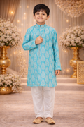 Traditional Wear Sea Green Sequins Work Mono Polyester Kids Kurta Pajama | UV Royal Silks