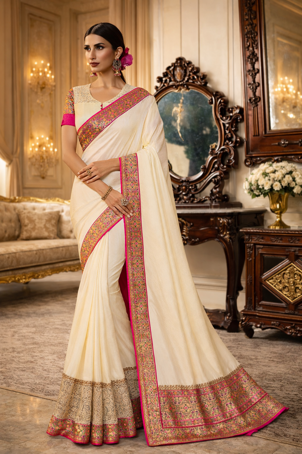 UV Royal Silks Dola Silk Saree with Embroidered Lace Border | Plain Designer Saree  Unstitched