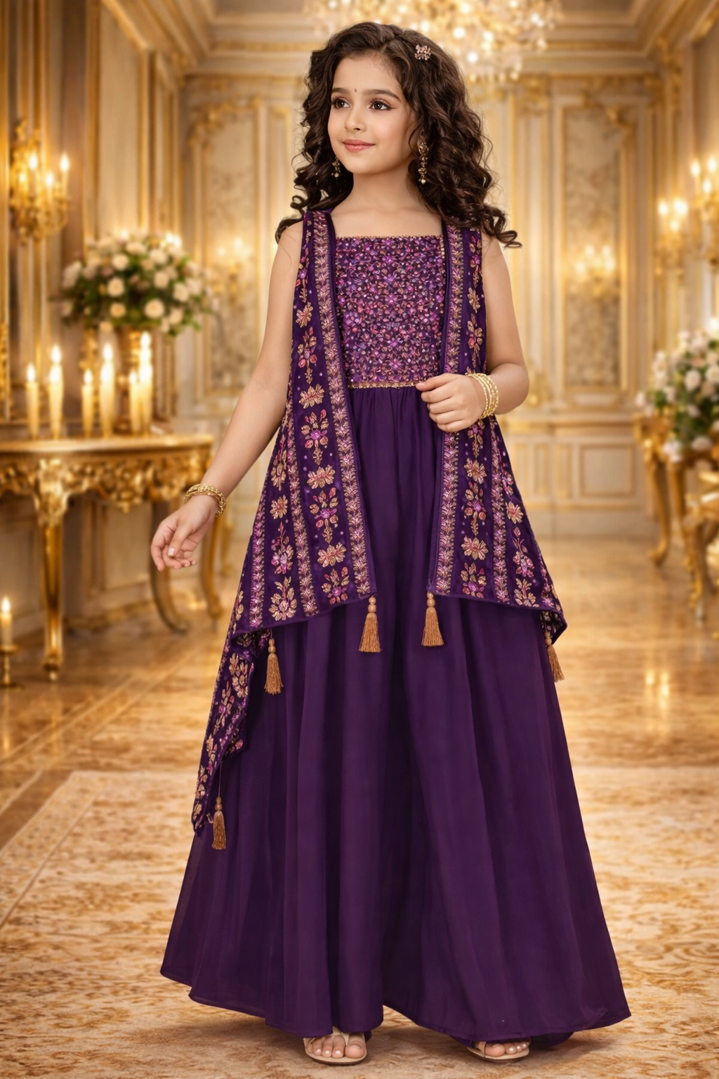 Wine Crepe Embroidery Work Festival Wear Readymade Kids Palazzo Suit | UV Royal Silks