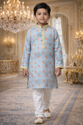 UV Royal Silks Blue Cotton Printed Kids Kurta Pajama