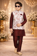 Traditional Wear Off White Printed Art Banarasi Silk Kids Kurta Pajama with Jacket | UV Royal Silks
