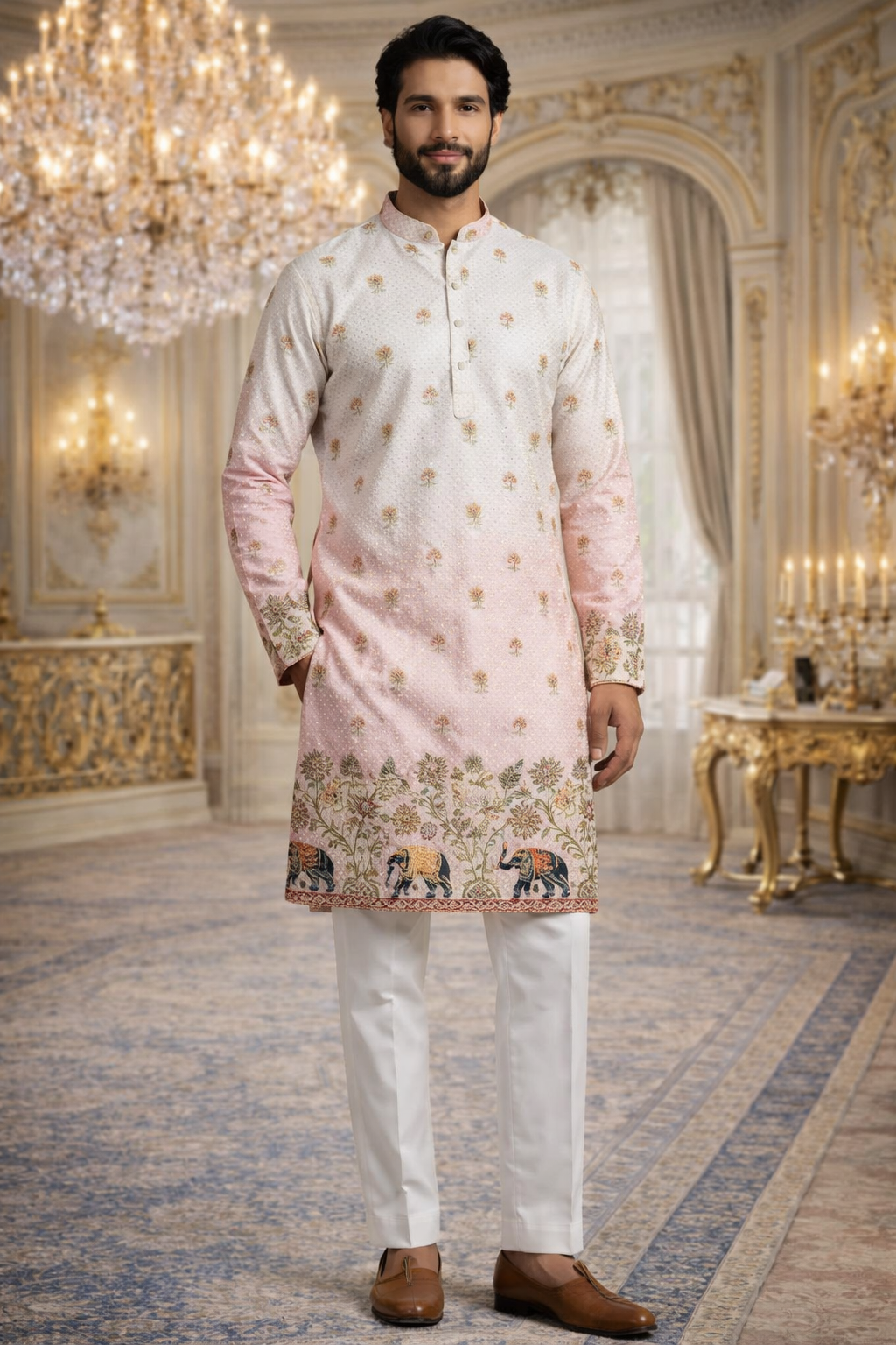 UV Royal Silks Cream & Blush Pink Embroidered Kurta Festive Wear for Men