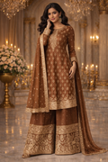 UV Royal Silks Rust Brown Georgette Sequins Work Wedding Wear Readymade Palazzo Suit