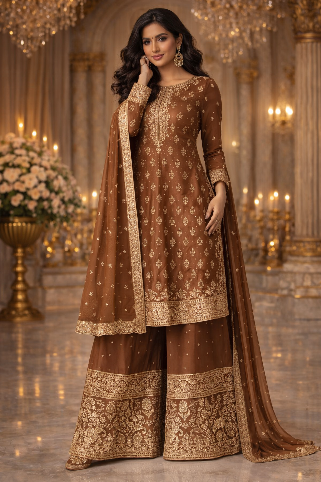 UV Royal Silks Rust Brown Georgette Sequins Work Wedding Wear Readymade Palazzo Suit