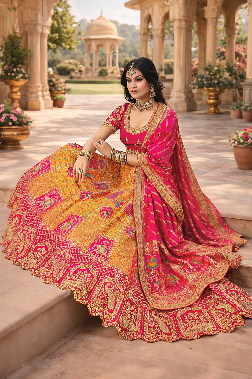 Mustard Silk Jacquard Woven & Embroidered Lehenga Choli with Diamond Work | UV Royal Silks