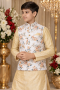 White Cotton Digital Printed Wedding Wear Readymade Boys Waist Coat | UV Royal Silks