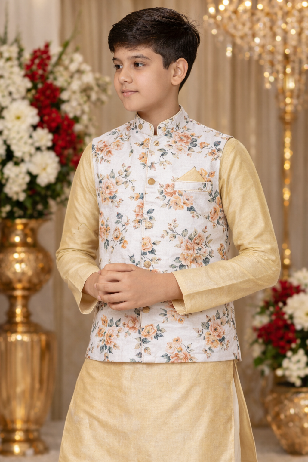 White Cotton Digital Printed Wedding Wear Readymade Boys Waist Coat | UV Royal Silks