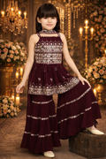 UV Royal Silks Maroon Poly Crepe Embroidery Work Party Wear Readymade Sharara Suit