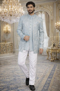 UV Royals Sky Blue Jacquard Indo Western Jacket with Kurta Wedding & Festive Wear for Men