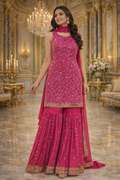 UV Royal Silks Hot Pink Georgette Embroidery Work Wedding Wear Readymade Sharara Suit