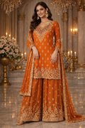 UV Royal Silks Orange Chinon Embroidery Hand Work Wedding Wear Readymade Palazzo Suit