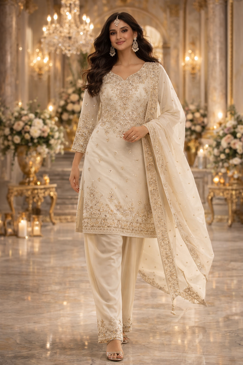 UV Royal Silks Beige Shimmer Silk Mirror Work Occasional Wear Readymade Palazzo Suit