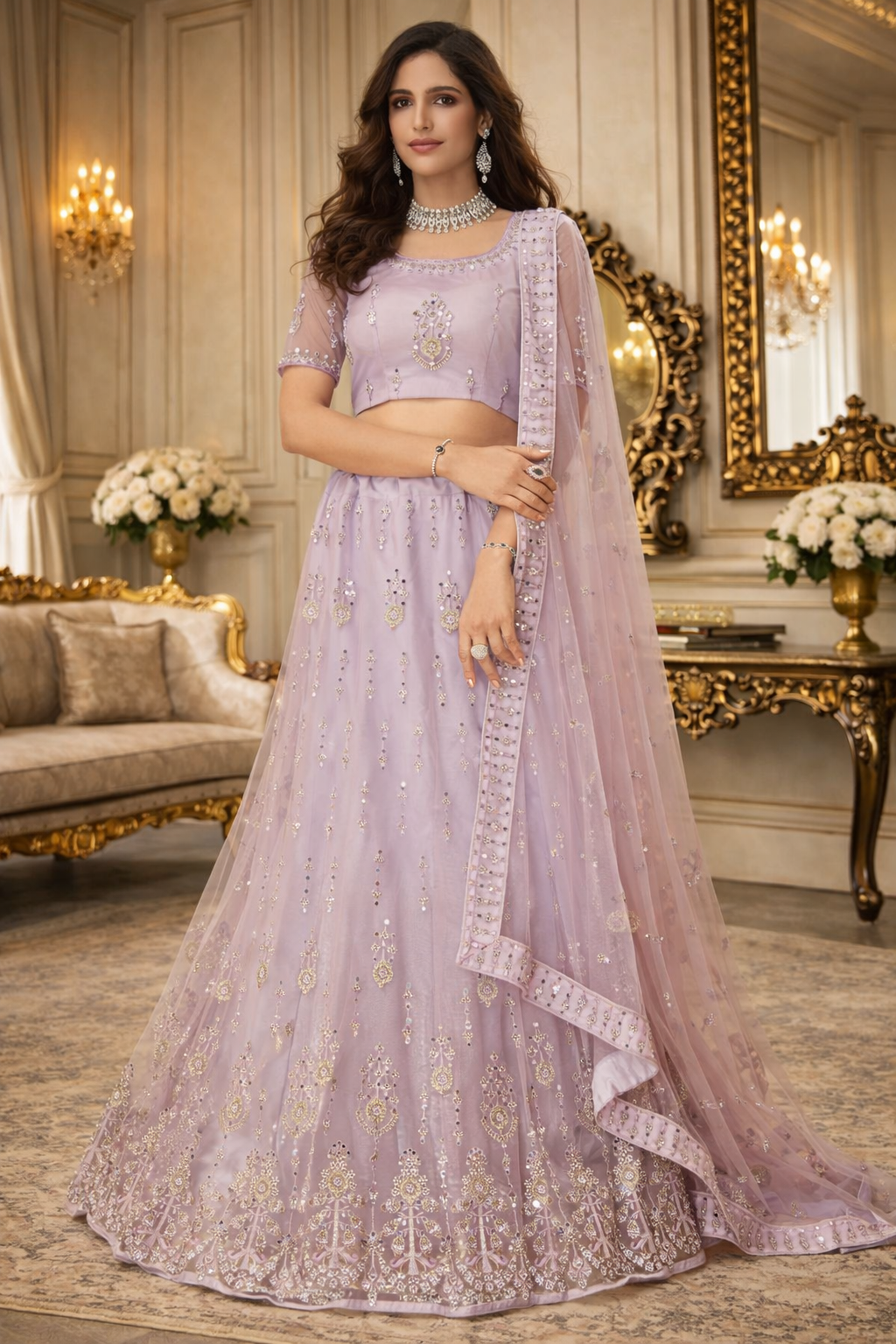 UV Royal Silks Lavender Net Lehenga Choli with Thread Embroidery, Mirror & Zarkan Work