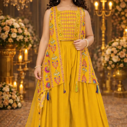 Yellow Crepe Embroidery Work Festival Wear Readymade Kids Palazzo Suit | UV Royal Silks
