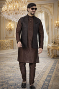 UV Royals Dark Brown Kurta Pajama with Quilted Nehru Jacket Wedding & Festive Wear for Men