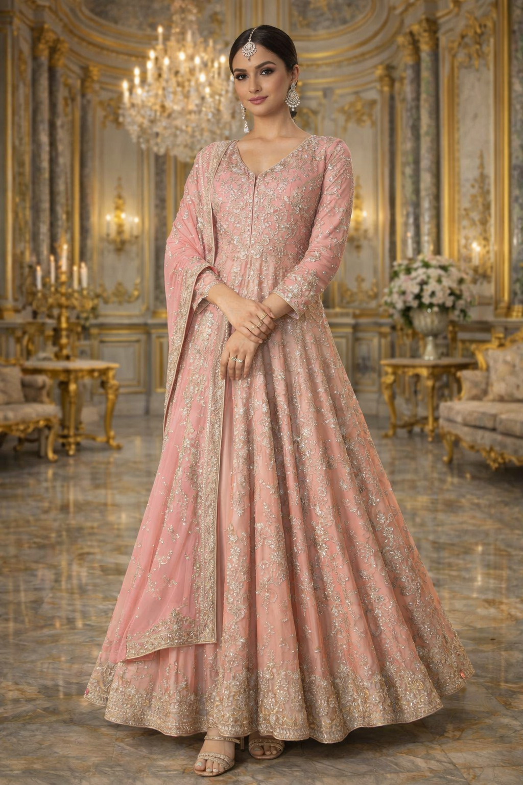 UV Royal Silks Baby Pink Chinon Silk Embroidery Work Wedding Wear Readymade Anarkali Suit