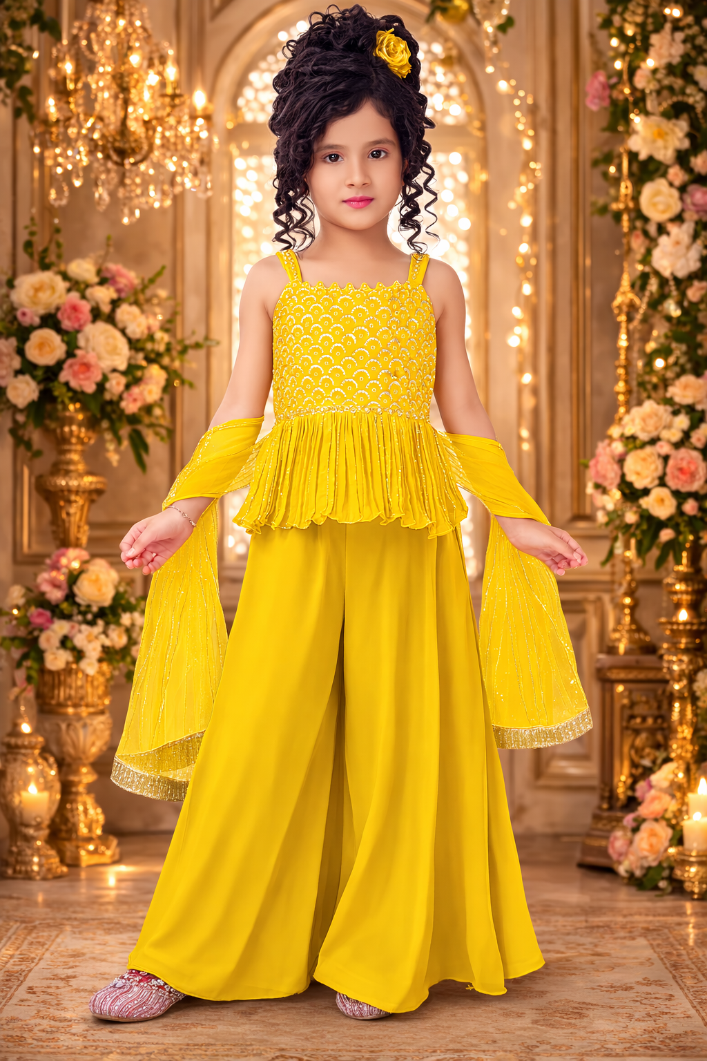 UV Royal Silks Yellow Poly Crepe Embroidery Work Party Wear Readymade Palazzo Suit
