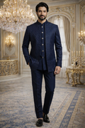 UV Royals Navy Blue Jacquard Indo Western Suit Wedding & Festive Wear for Men Product