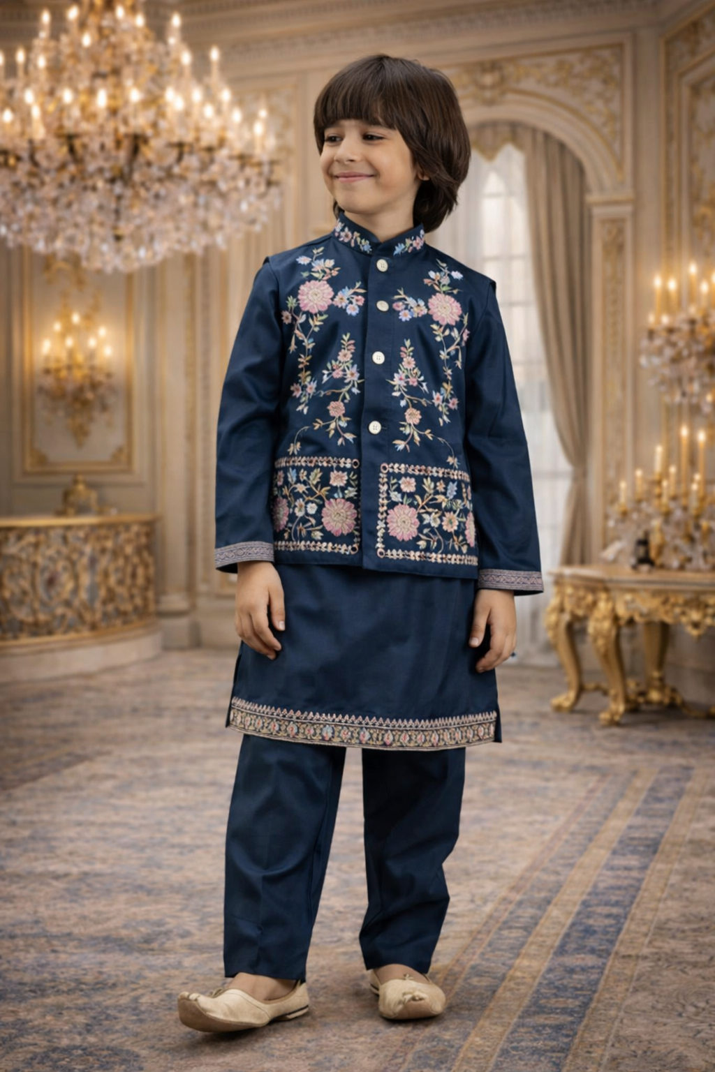 UV Royal Silks Navy Blue Viscose Silk Embroidery Boys Kurta Pajama with Koti
