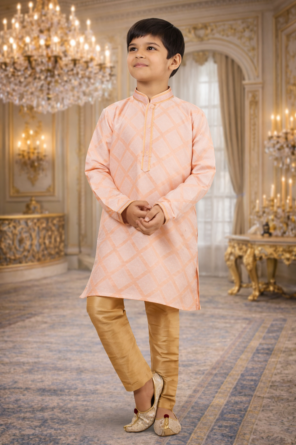 UV Royal Silks Orange Weaving Jacquard Silk Kids Kurta Pajama – Traditional Wear
