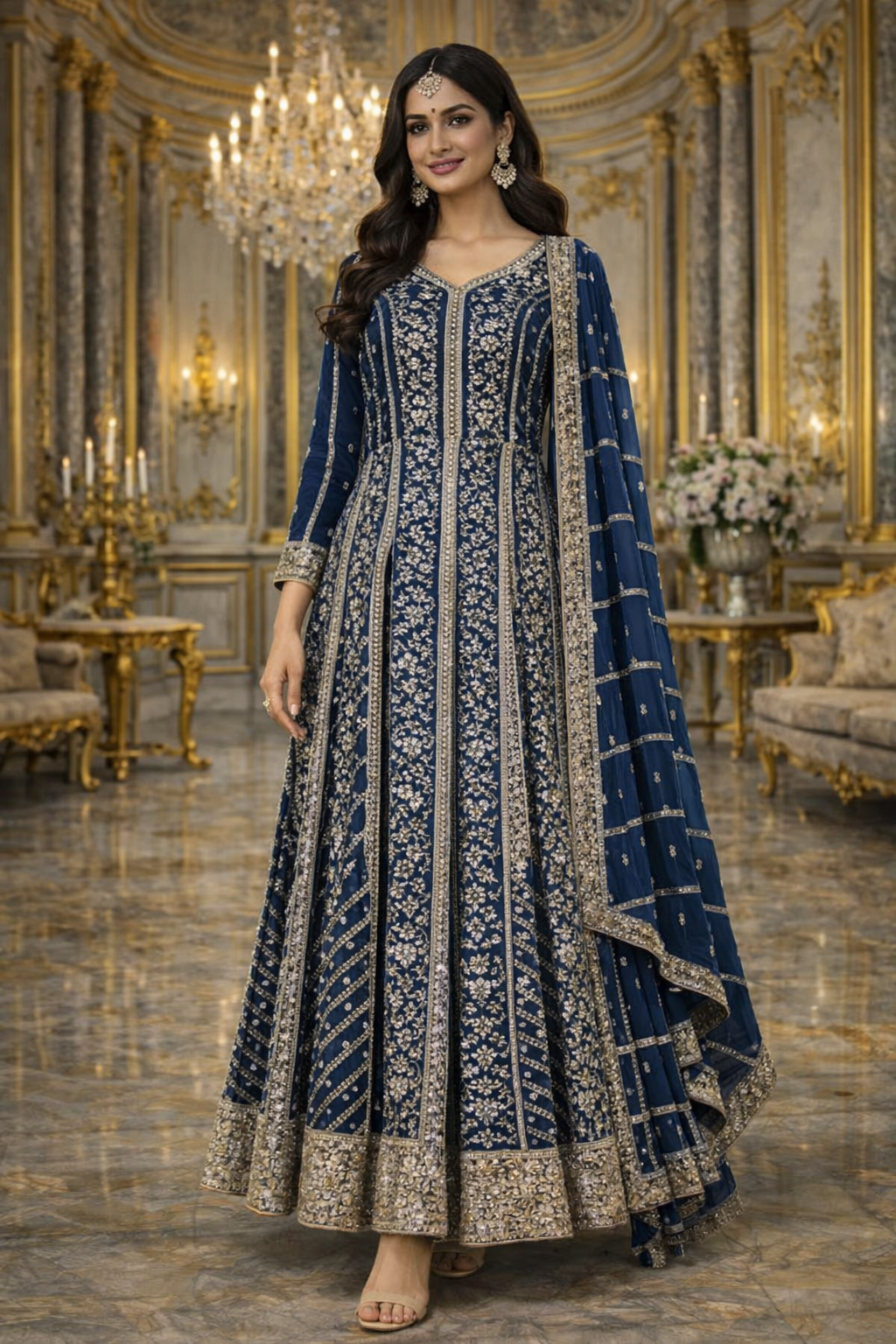 UV Royal Silks Navy Blue Chinon Embroidery Work Party Wear Readymade Anarkali Suit