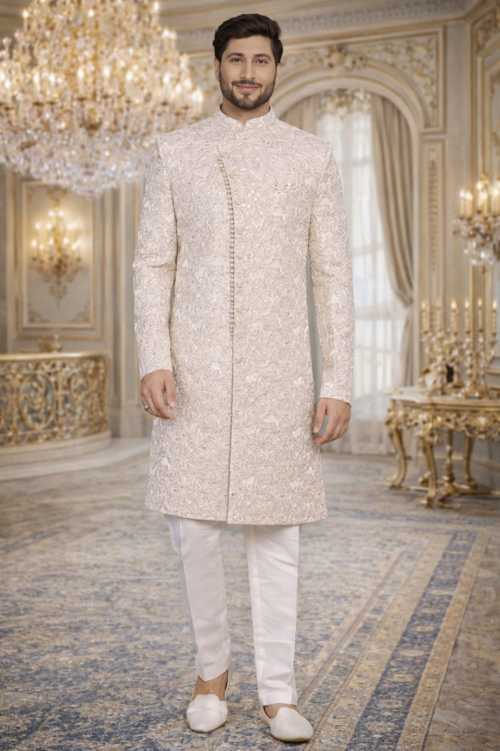 UV Royals Off White Embroidered Sherwani Set Wedding & Festive Wear for Men