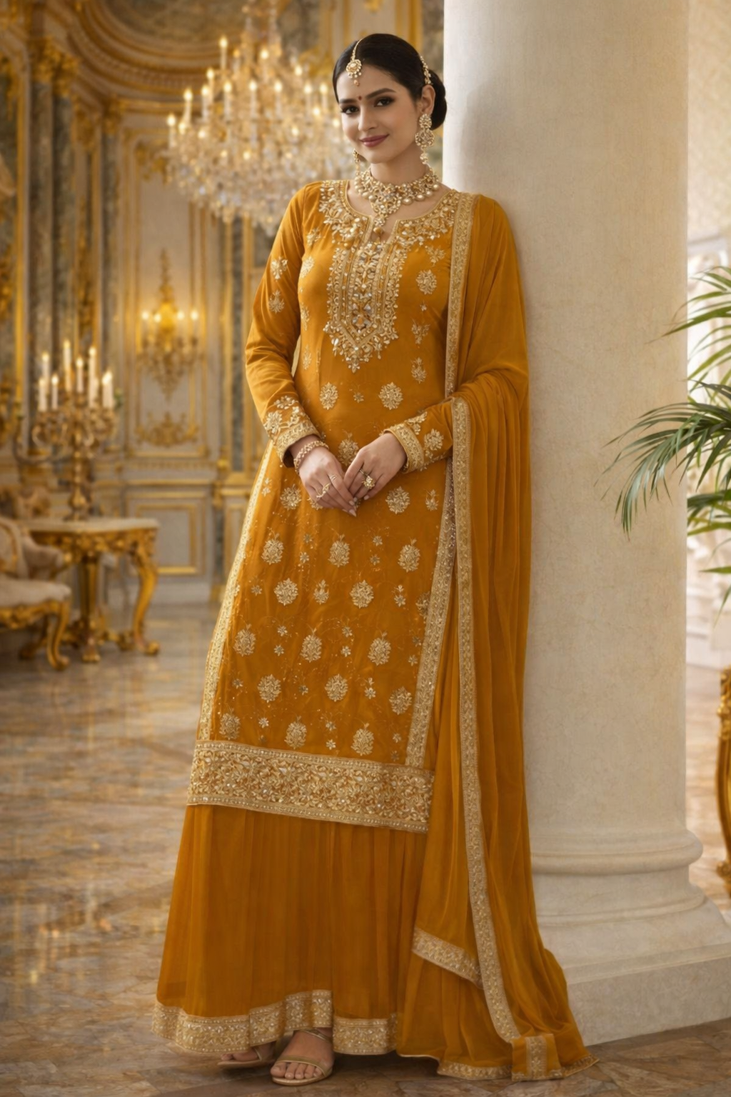 UV Royal Silks Yellow Chinon Sequins Work Wedding Wear Readymade Palazzo Suit