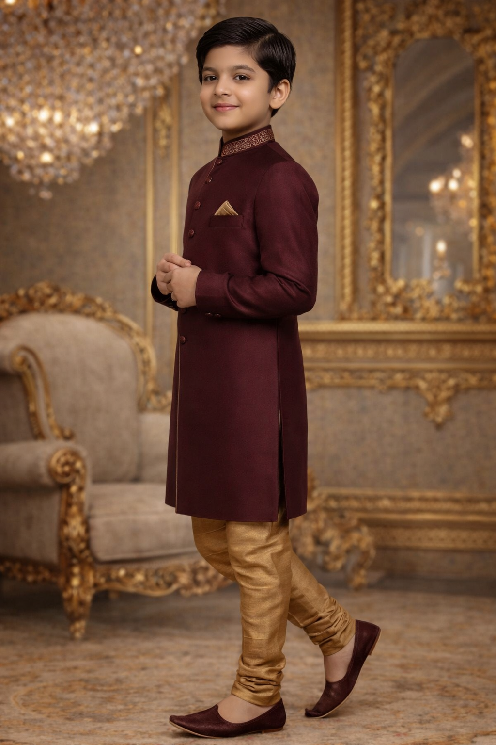 UV Royal Silks Maroon Jute Silk Plain Work Wedding Wear Readymade Indo Western