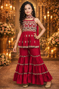 UV Royal Silks Rani Pink Poly Crepe Embroidery Work Party Wear Readymade Sharara Suit