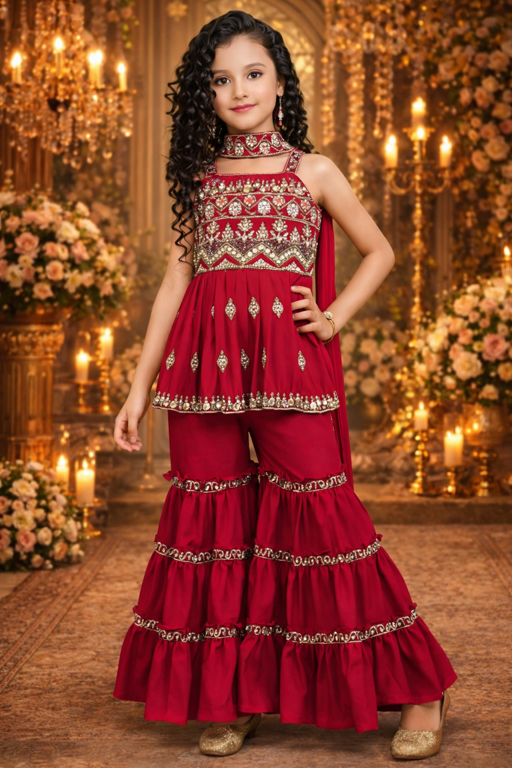 UV Royal Silks Rani Pink Poly Crepe Embroidery Work Party Wear Readymade Sharara Suit