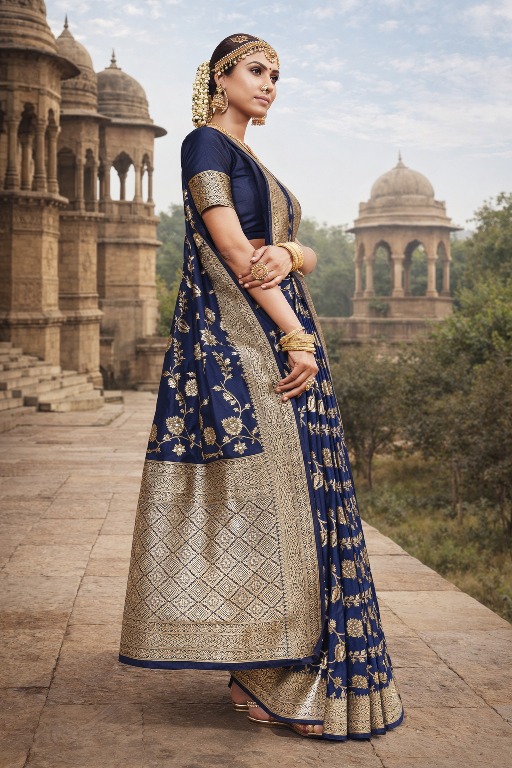 UV Royal Silks Blue Banarasi Silk Jacquard Woven Saree with Designer Blouse