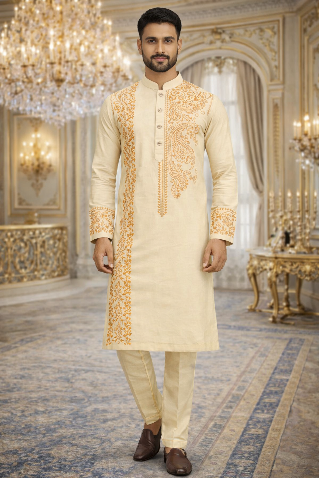 UV Royals Cream Embroidered Kurta Pajama Set Festive & Wedding Wear for Men