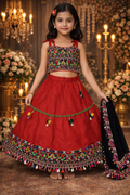 Red Art Silk Kutchi Work Navratri Wear Readymade Kids Lehenga Choli | UV Royal Silks