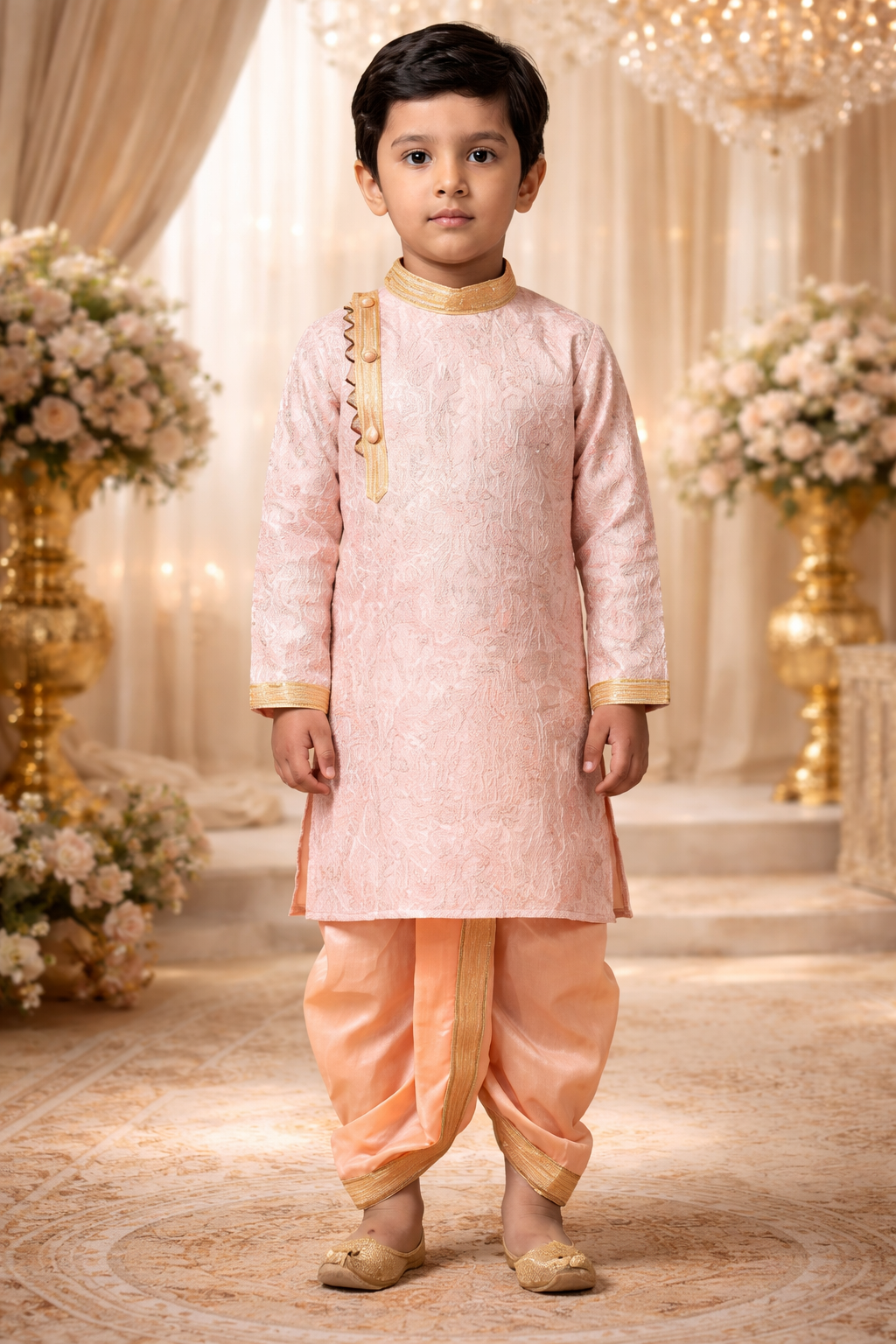 Baby Pink Cotton Printed Work Occasional Wear Readymade Kids Kurta Pajama | UV Royal Silks